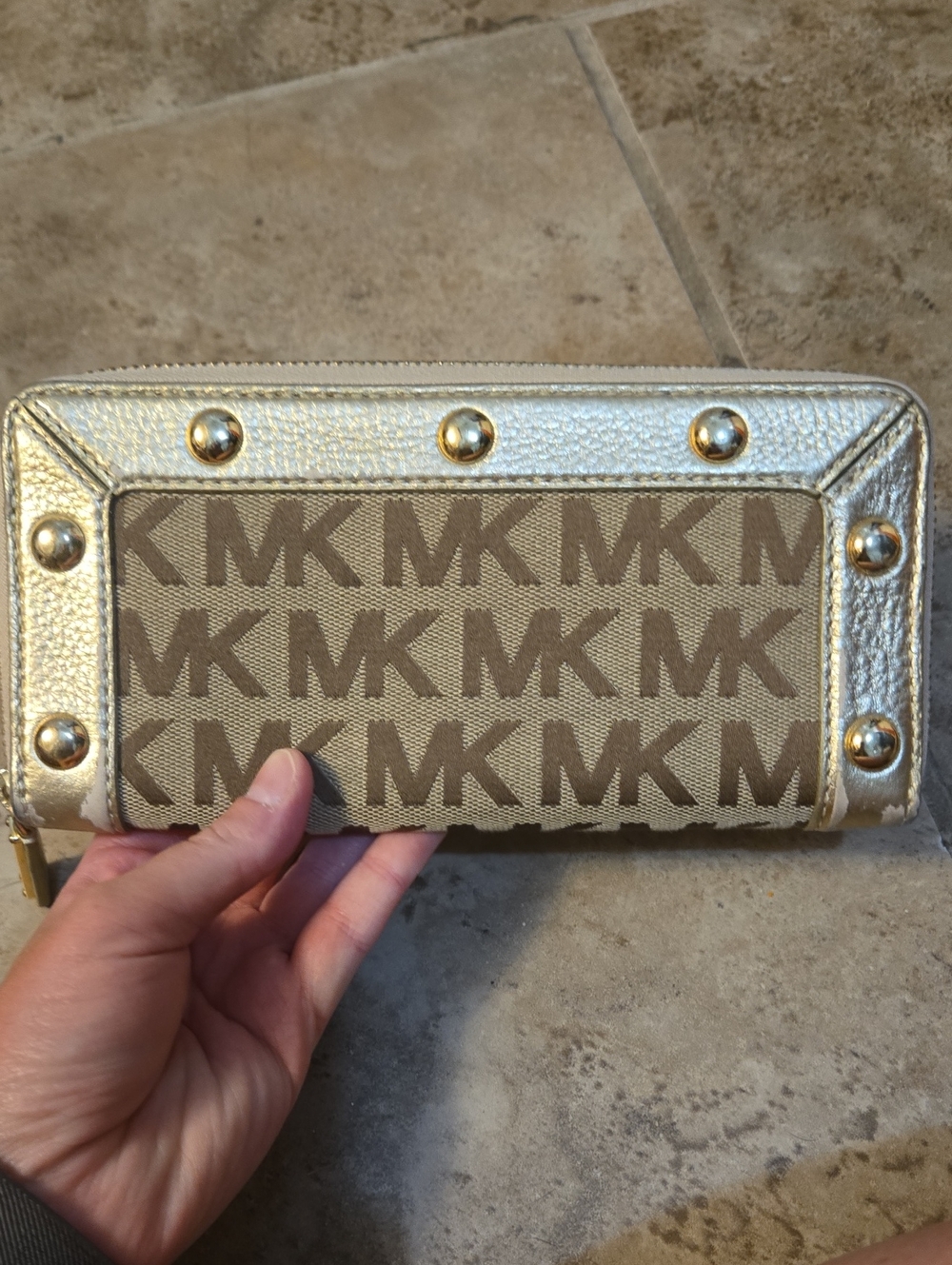 Michael Kors Gold and Beige MK Logo Stud Zip-Around Wallet